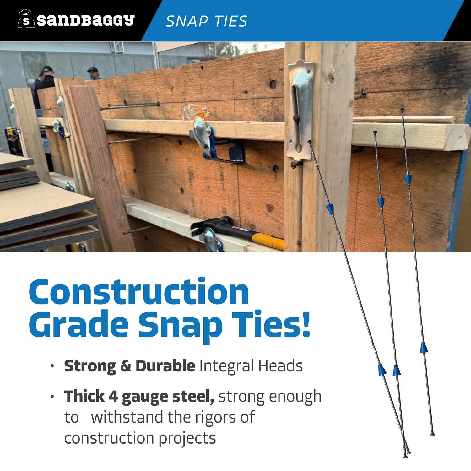 20" x 8 ¼" Standard Snap Ties For Concrete Forms (Long End) - 1" Plastic Cones