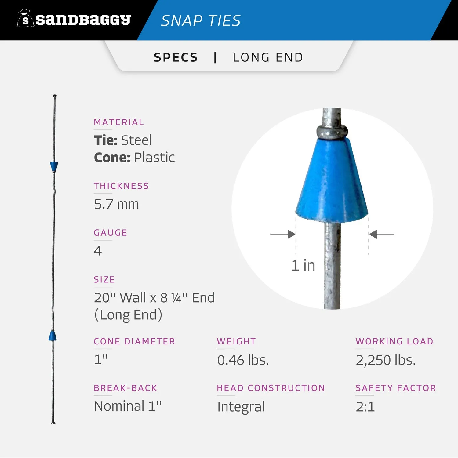 20" x 8 ¼" Standard Snap Ties For Concrete Forms (Long End) - 1" Plastic Cones