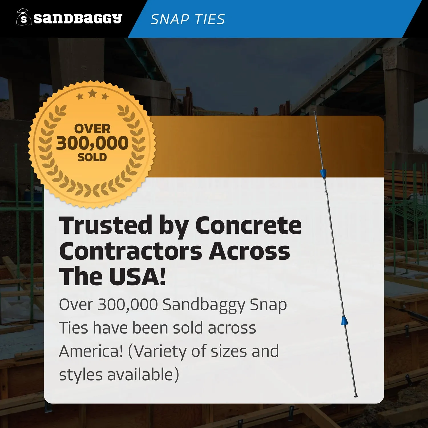 20" x 8 ¼" Standard Snap Ties For Concrete Forms (Long End) - 1" Plastic Cones