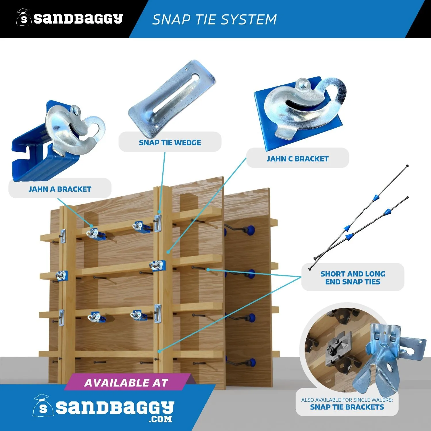 20" x 8 ¼" Standard Snap Ties For Concrete Forms (Long End) - 1" Plastic Cones