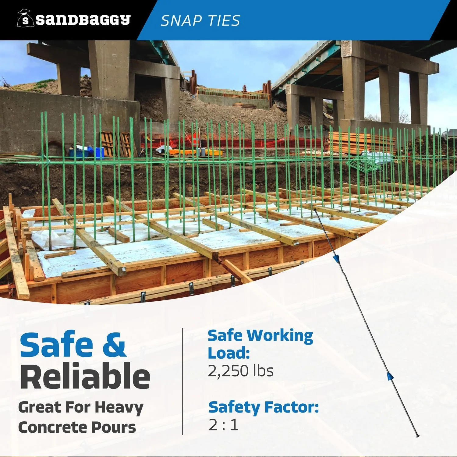 20" x 8 ¼" Standard Snap Ties For Concrete Forms (Long End) - 1" Plastic Cones