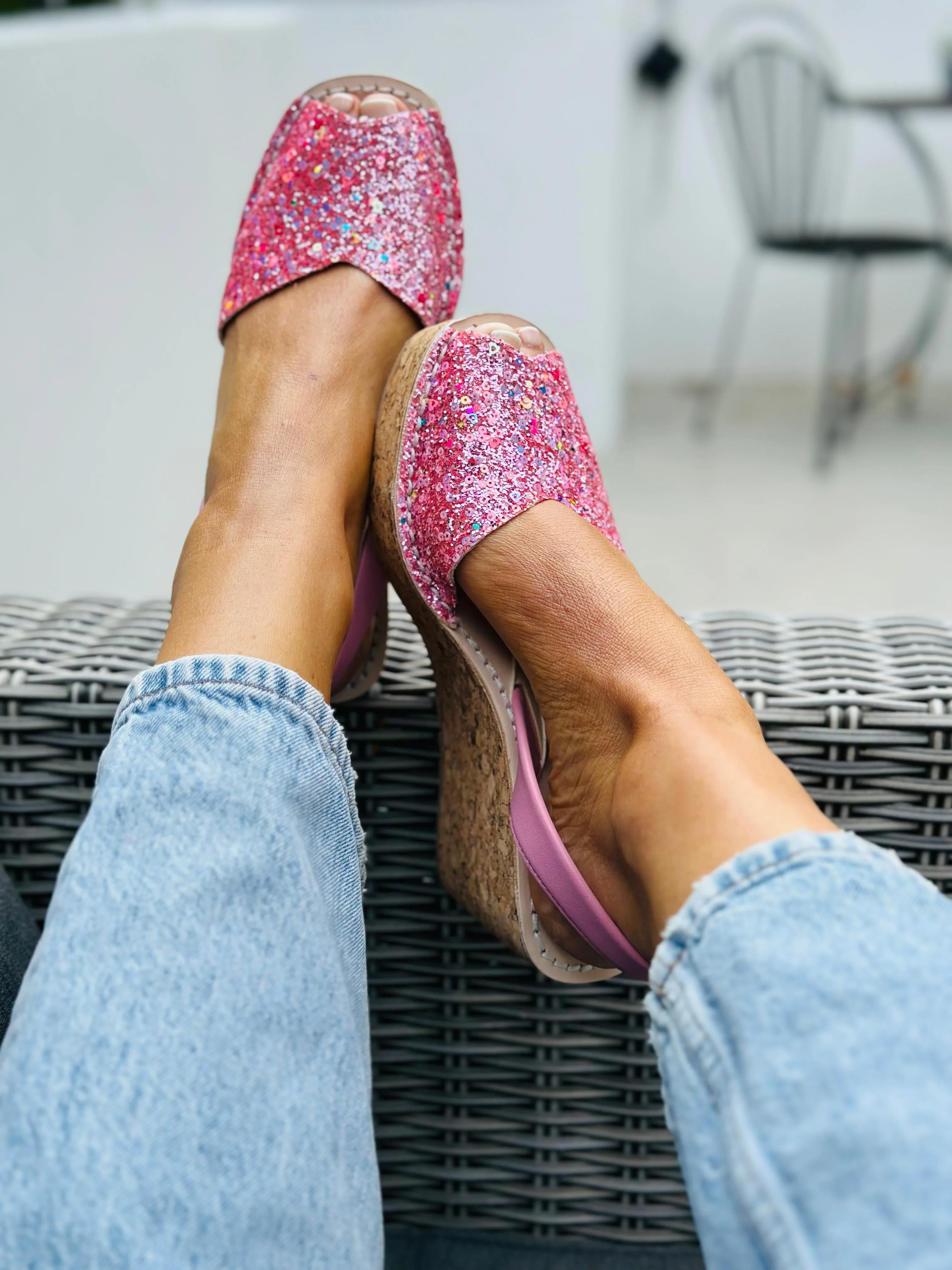 California Girl Pink Glitter Cork Wedge