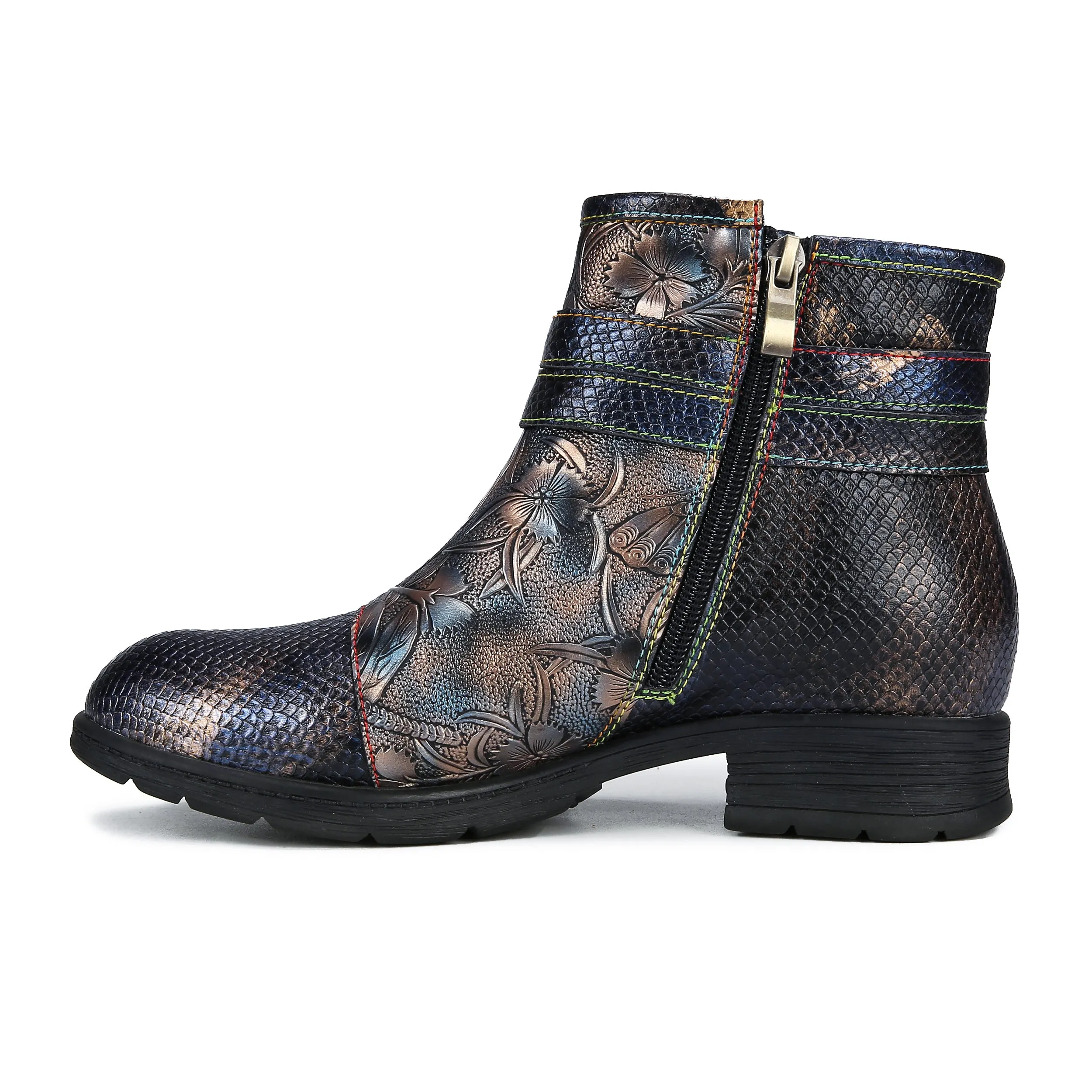 CrazycatZ Womens Bohemian Block Heels Leather Boots Colorful Leather Ankle Boots Dragon Fly Printed Black