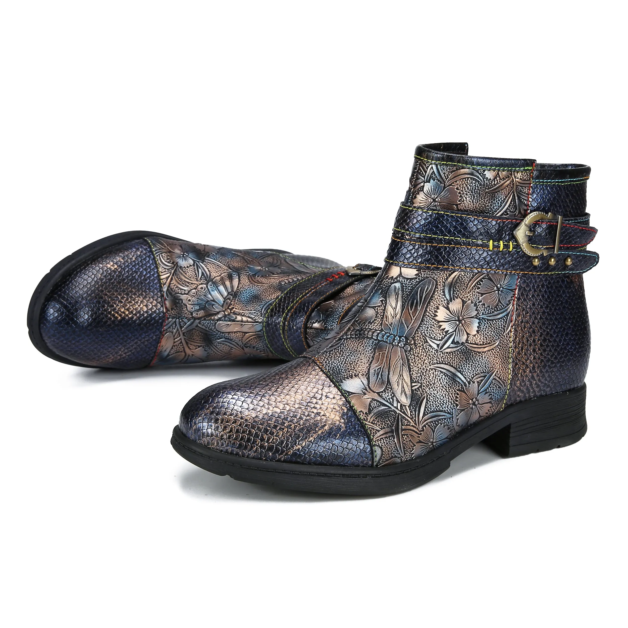 CrazycatZ Womens Bohemian Block Heels Leather Boots Colorful Leather Ankle Boots Dragon Fly Printed Black