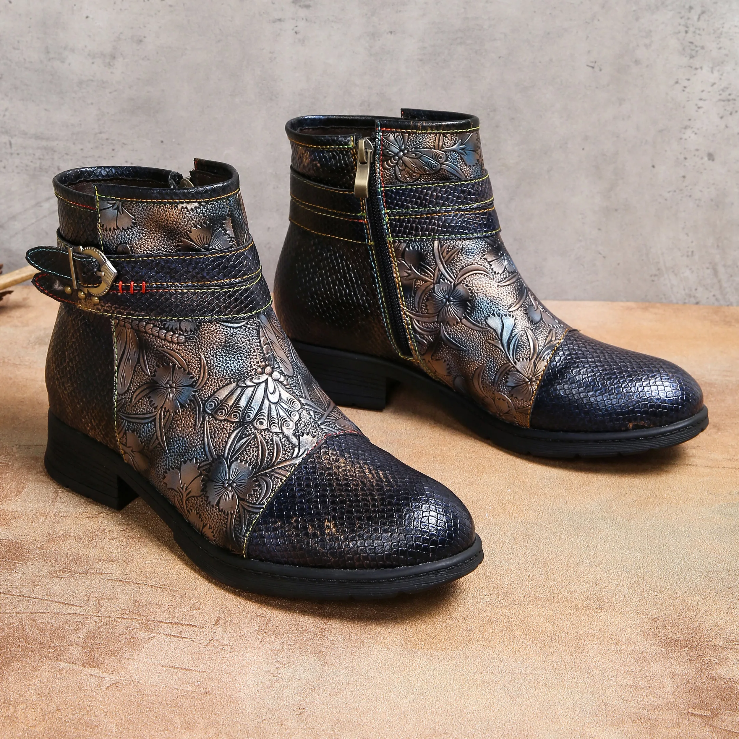 CrazycatZ Womens Bohemian Block Heels Leather Boots Colorful Leather Ankle Boots Dragon Fly Printed Black