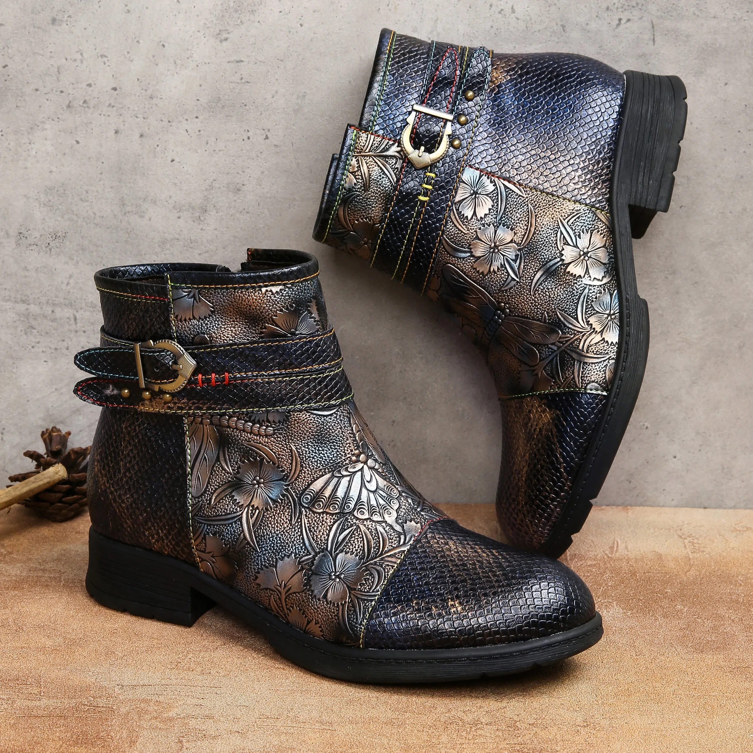 CrazycatZ Womens Bohemian Block Heels Leather Boots Colorful Leather Ankle Boots Dragon Fly Printed Black