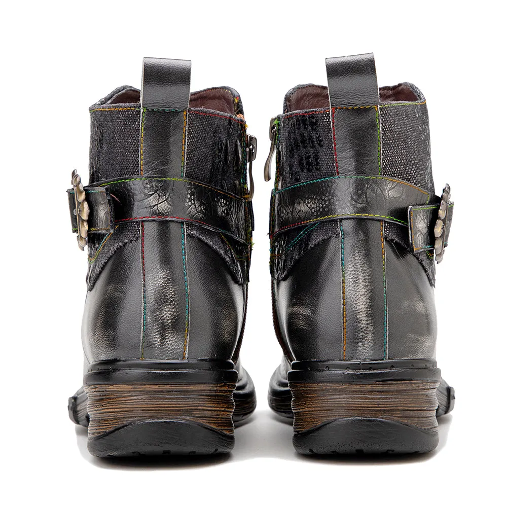 CrazycatZ Womens Leather Ankle Boots Bohemian Sporty Colorful Leather Boots Black