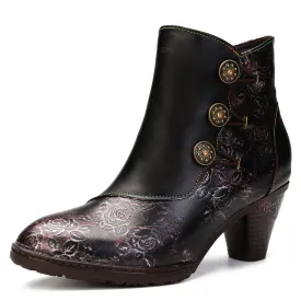 CrazycatZ Womens Leather Ankle  Boots Colorful Leather Buttoned Vintage Boots Block Heels Black