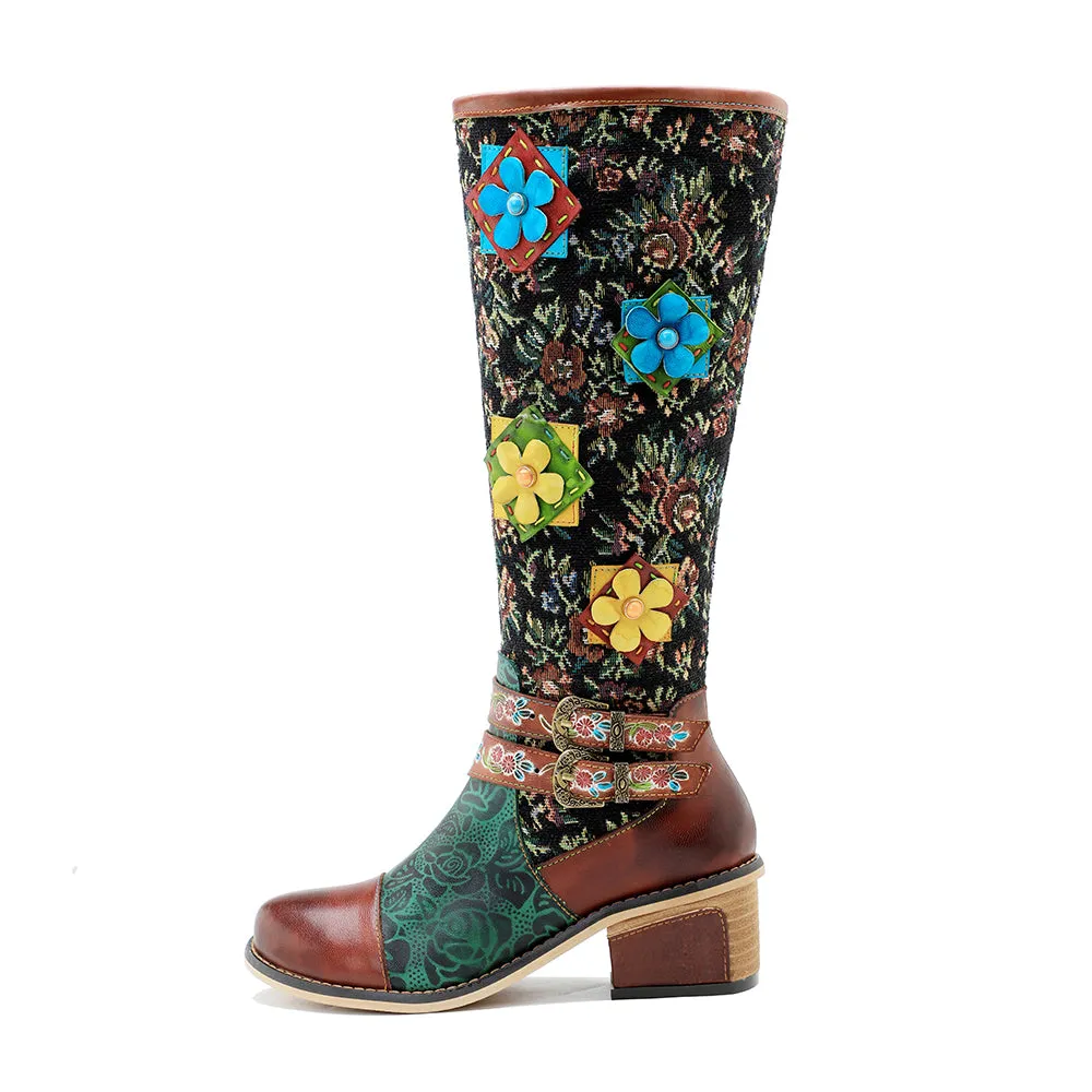 CrazycatZ Womens Leather  Knee High Boots Patterned Long Boots Vintage Boots Brown