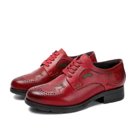 CrazycatZ Women's Leather Oxford Shoes Perforated Lace up Wingtip Colorful Leather Oxfords Vintage Red