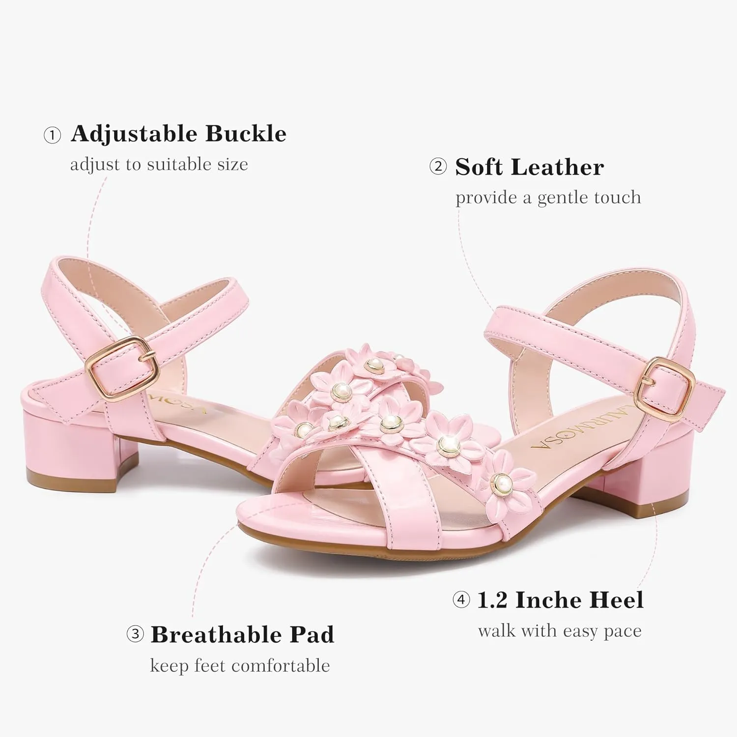 Girls Sandals Kids Heels Open Toe Ankle Strap Dress Shoes Flower Wedding Party for Toddler Little Big Kid