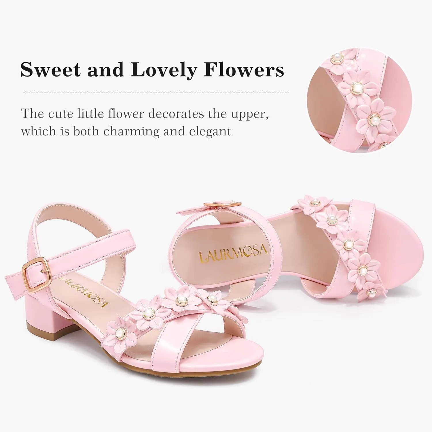 Girls Sandals Kids Heels Open Toe Ankle Strap Dress Shoes Flower Wedding Party for Toddler Little Big Kid