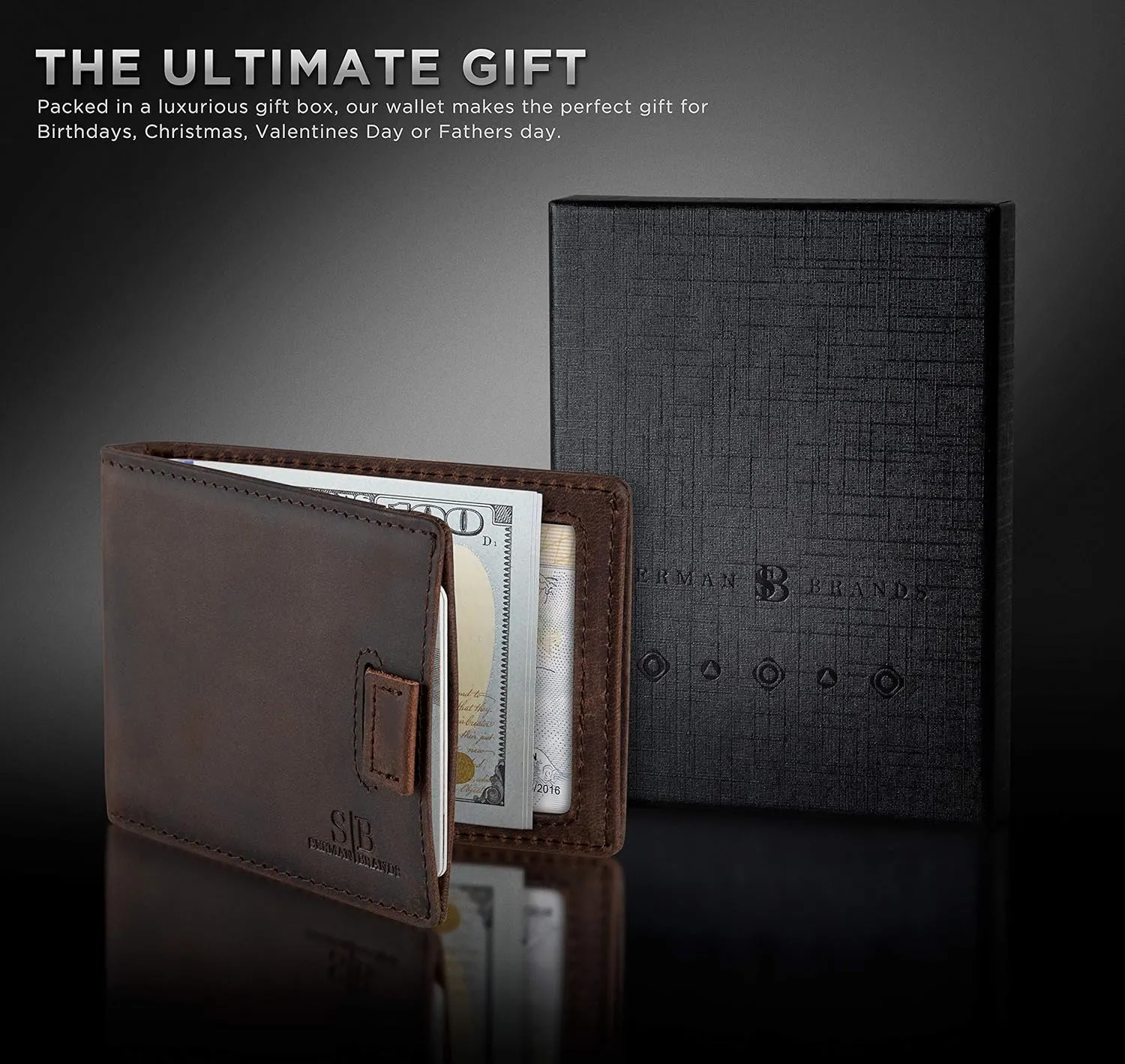 SERMAN BRANDS RFID Blocking Slim Money Clip Wallet ?C Leather Bifold Front Pocket Minimalist Mens Wallet with Money Clip for Men, Small Credit Card Holder Wallet - Travel Wallet with Gift Box