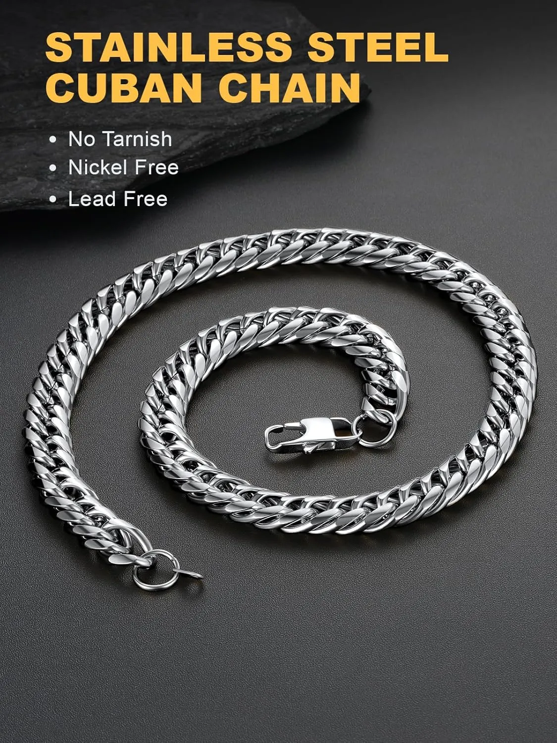 U7 Diamond Cut Miami Cuban Link Chain for Men Women Stainless Steel Curb Chain Necklace, Cool Hip Hop Jewelry Silver/Black/18K Gold Plated Chains, Width 3/6/9/12mm,18/20/22/24/26/28/30 Inch